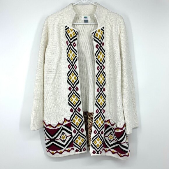 Old Navy Cardigan White Open Front Novelty Aztec Embroidered Sweater - Picture 1 of 11
